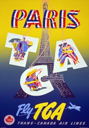 Vintage 1950's PARIS France Canadian Travel Air Lines Poster Re-Print