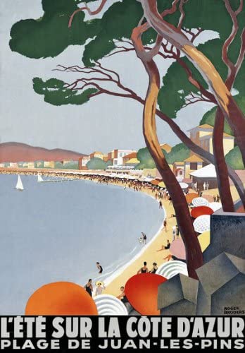 Vintage Cote D'Azur Plague De Juan Les Pins French Riviera Travel Poster Re-Print