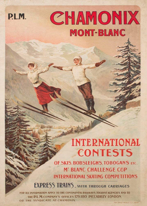 Vintage Travel France 'Chamonix Mont-Blanc and Winter Sports', 1900's, Reproduction   Vintage Art Nouveau Travel Poster