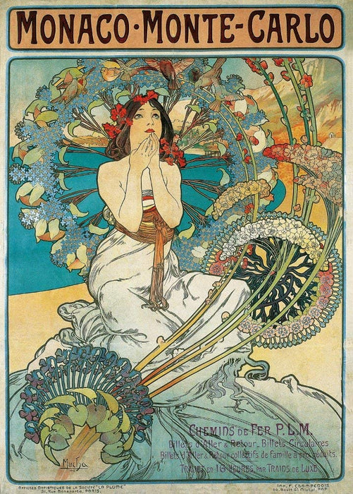 Vintage Travel Monaco 'Monte Carlo', 1897, Alphonse Mucha, Reproduction   Vintage Art Nouveau Travel Poster