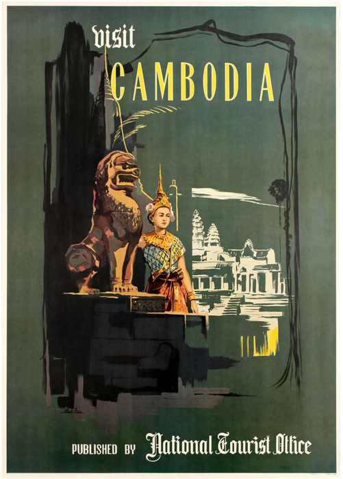 Vintage Travel Cambodia 'Visit Cambodia. Issued by National Tourist Board', circa. 1920-30's, Reproduction   Vintage Art Deco Travel Poster